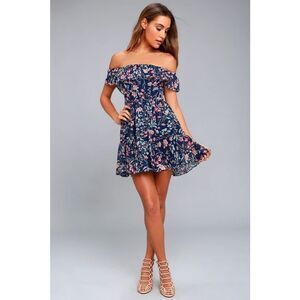 Lulus Women's My Favorite Strapless Floral Print Off Shoulder Swing Dress Blue S